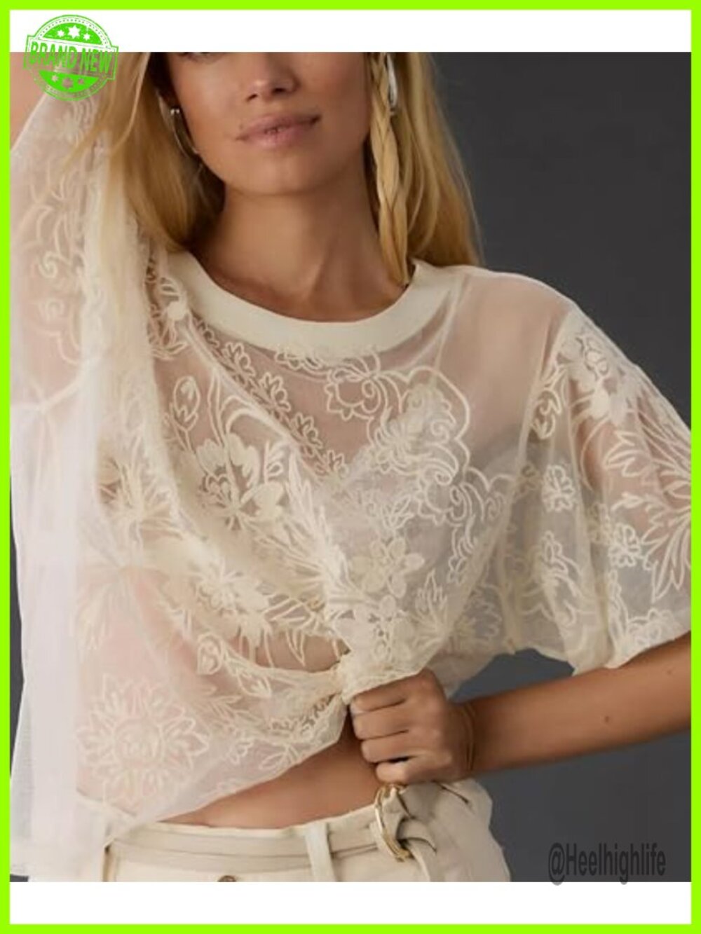 Sheer Mesh Lace Blouse Women Sexy Short Sleeve Floral - Picture 2 of 6
